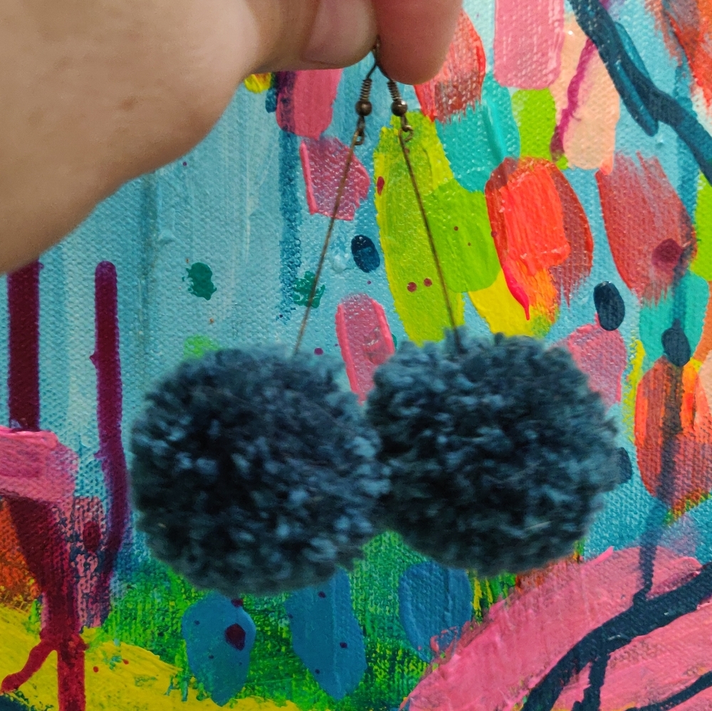 Teal Pom Pom Earrings